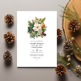 Convites Casamento Floral de Inverno em Verde Pinho e Marro