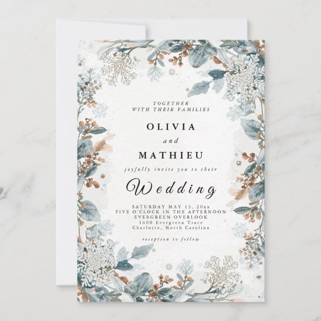 Convites Casamento Floral de Inverno Marrom Elegante (Frente)