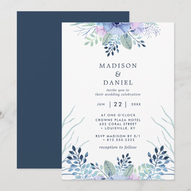 Convites Casamento Floral de Inverno Rústico em Azul Naval  (Frente/Verso)