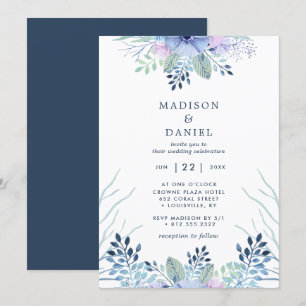 Convites Casamento Floral de Inverno Rústico em Azul Naval 