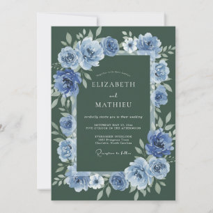 Convites Casamento Floral de Inverno Verde Floresta Azul