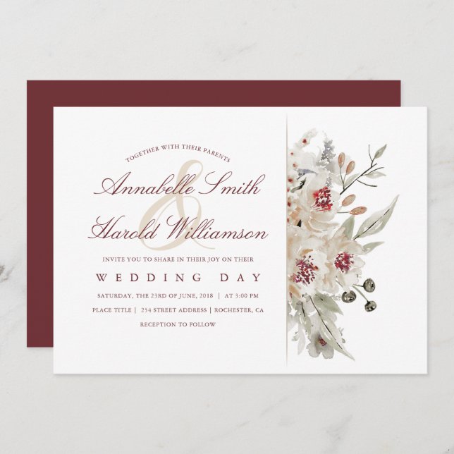 Convites Casamento Floral de Ivory e Burgundy (Frente/Verso)