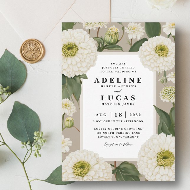 Convites Casamento Floral de Ivory, Flor da Flor da Zinnia  (White zinnia flower wedding invitation, elegant ivory floral wedding invite, taupe beige sand green)