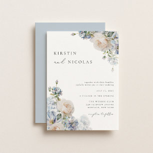 Convites Casamento Floral de Jardim Azul e Chic Dusty Conte