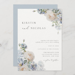 Convites Casamento Floral de Jardim Azul e Chic Dusty Conte