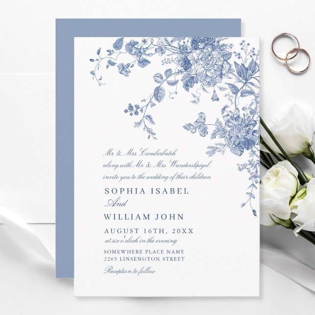 Convites Casamento Floral de Jardim Azul e Vitoriano (Criador carregado)