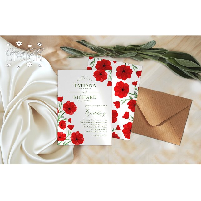 Convites Casamento Floral de Jardim de Papoula em Aquarela  (Criador carregado)