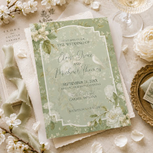 Convites Casamento Floral de Jardim de Pássaros em Verde Pi