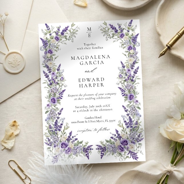 Convites Casamento Floral de Jardim de Rosa Lavanda Roxa Vi (Criador carregado)