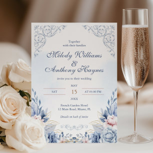 Convites Casamento Floral de Jardim Francês Azul Empoeirado