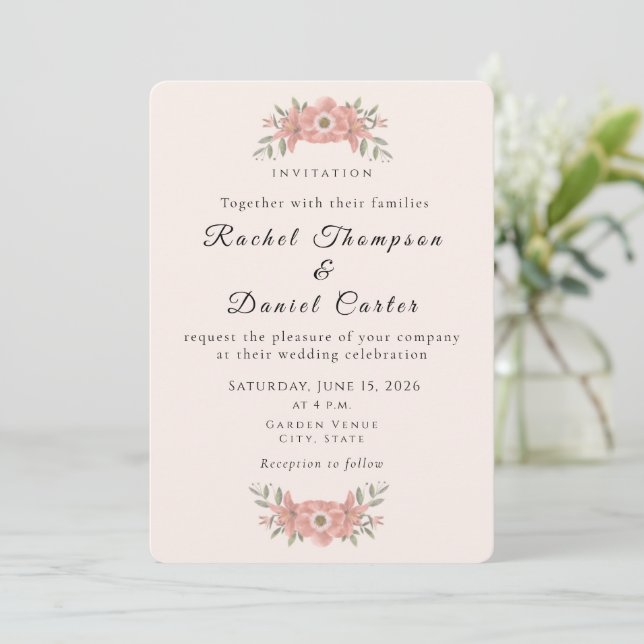 Convites Casamento Floral de Jardim Rosa Personalizado (Em pé/Frente)