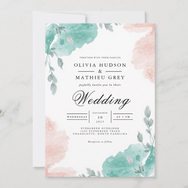 Convites Casamento Floral de Lâmpada de Lâmpada Teal (Frente)