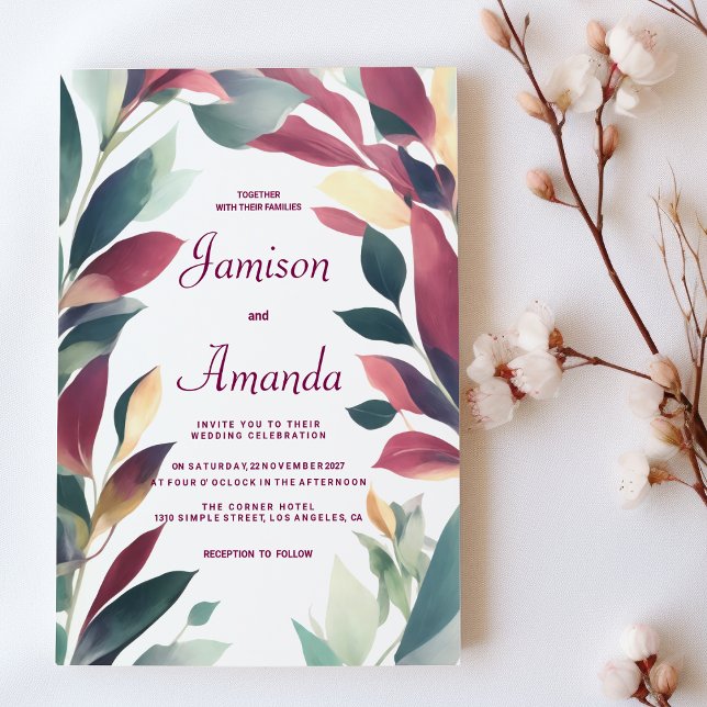 Convites Casamento floral de laranja de horta tropical (Tropical mint orange burgundy floral wedding)
