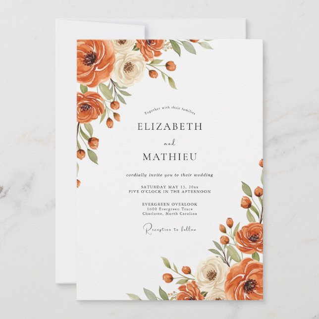 Convites Casamento Floral de Laranja Outono (Frente)