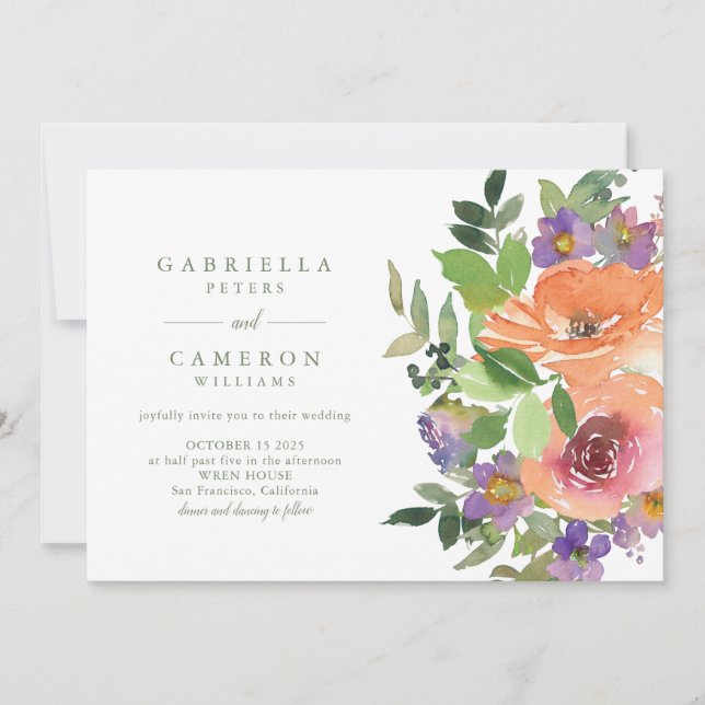 Convites Casamento Floral de Laranja Púrpura e Laranja Mini (Frente)