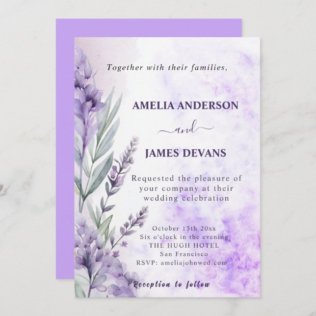 Convites Casamento Floral de Lavanda de Aquarela Elegante (Frente/Verso)