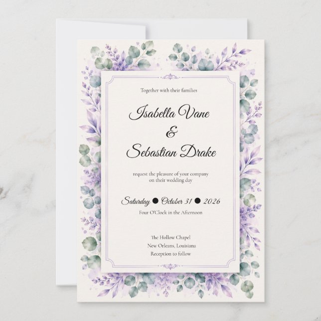 Convites Casamento Floral de Lavanda Etérea (Frente)