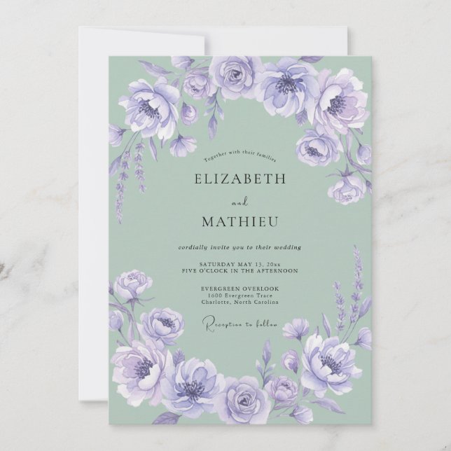 Convites Casamento Floral de Lavanda na Floresta (Frente)