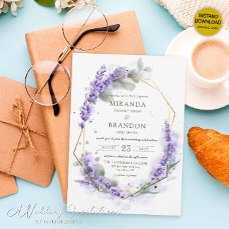 Convites Casamento Floral de Lavanda Roxo Elegante