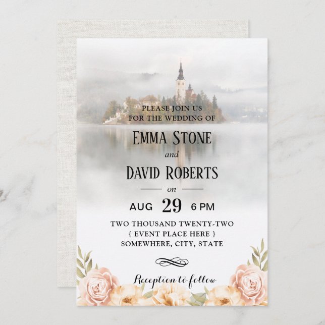 Convites Casamento Floral de Leite Misty Lake Elegant (Frente/Verso)