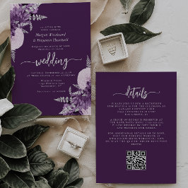 Convites Casamento Floral de Lilás Roxo com Código QR Prate