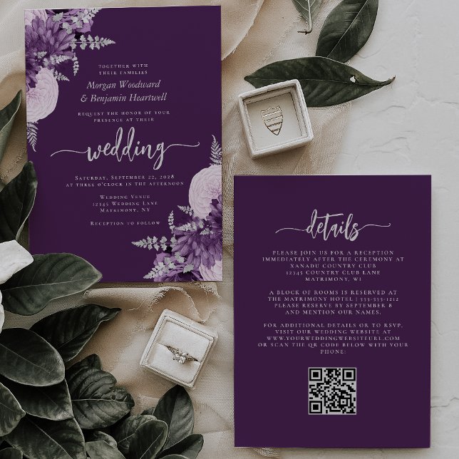 Convites Casamento Floral de Lilás Roxo com Código QR Prate (Criador carregado)
