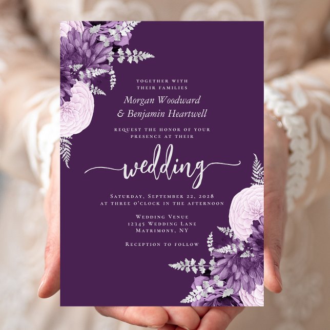 Convites Casamento Floral de Lilás Roxo Prata (Criador carregado)