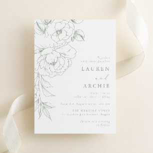 Convites Casamento Floral de Linha Artística Elegante Sage