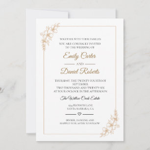 Convites Casamento Floral de Linha em Dourado Rosado Elegan