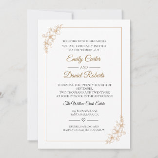 Convites Casamento Floral de Linha em Dourado Rosado Elegan