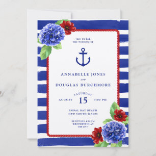 Convites Casamento Floral de Listras de Aquarela Azul Náuti