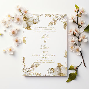 Convites Casamento floral de luxo branco e dourado