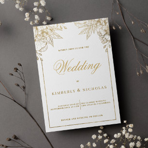 Convites Casamento floral de luxo branco e ouro