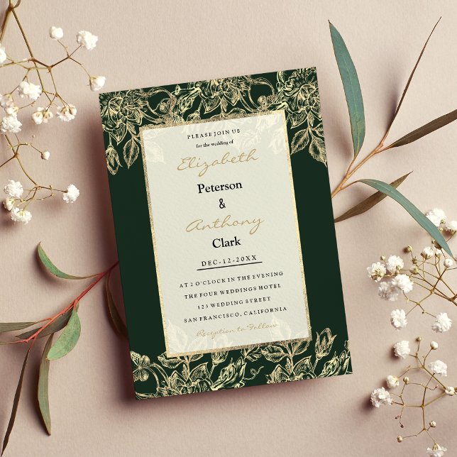 Convites Casamento floral de luxo de ouro verde da floresta (Elegant forest green gold luxury floral Wedding )