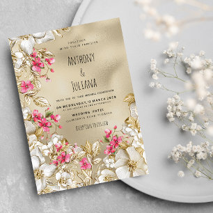 Convites Casamento Floral de Luxo Rosa Romântico em Ouro Br