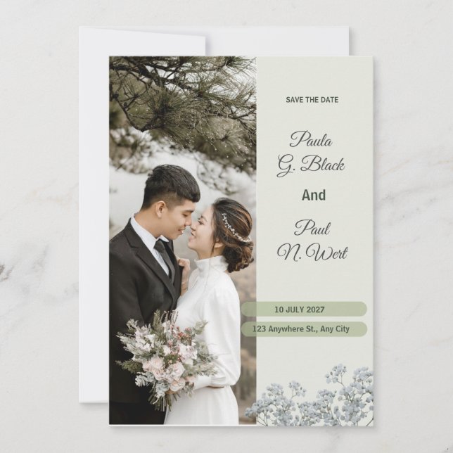 Convites Casamento Floral de Luxo Verde Branco e Rosa claro (Frente)