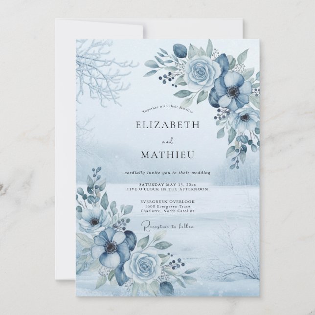 Convites Casamento Floral de Madeira Azul Ardesia (Frente)