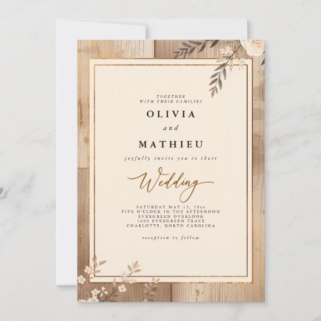 Convites Casamento Floral de Madeira Bege Luz Rústica (Frente)