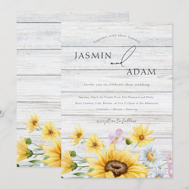 Convites Casamento Floral de Madeira Branco com Girassol Rú (Frente/Verso)