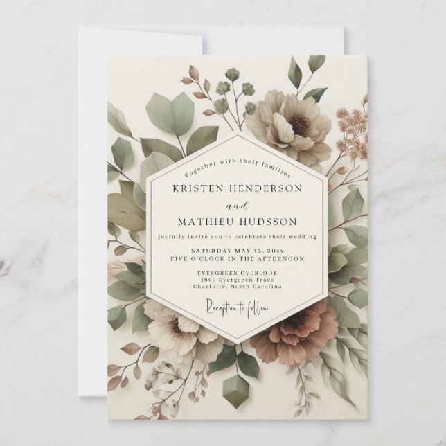 Convites Casamento Floral de Madeira com Sage Empoeirado (Frente)
