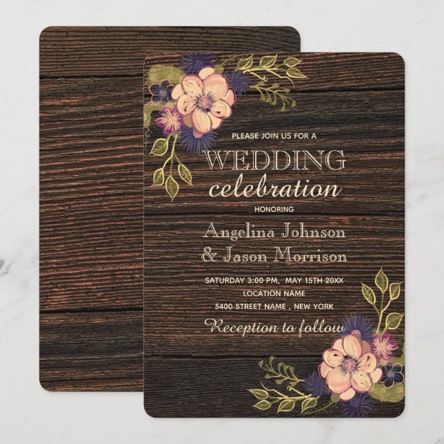 Convites Casamento Floral de Madeira Elegante (Frente/Verso)