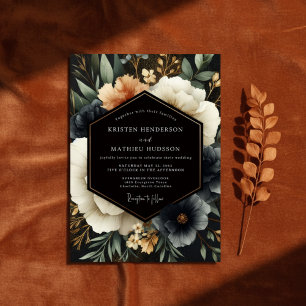Convites Casamento Floral de Madeira em Azul Marinho Profun