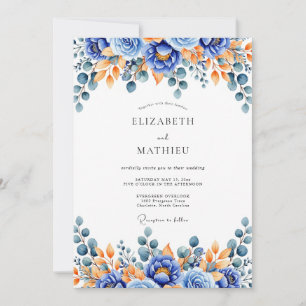 Convites Casamento Floral de Madeira Laranja Azul