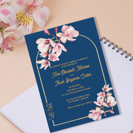 Convites Casamento Floral de Magnólia Azul Naval Elegante