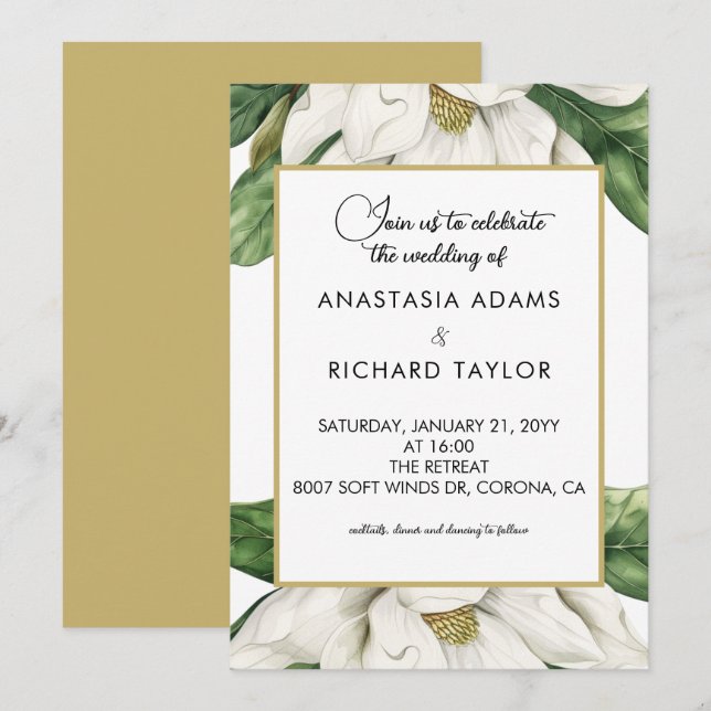 Convites Casamento Floral de Magnólia Branca (Frente/Verso)