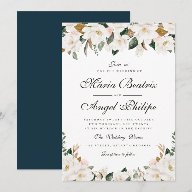 Convites Casamento floral de magnólia de aquarela moderna (Frente/Verso)