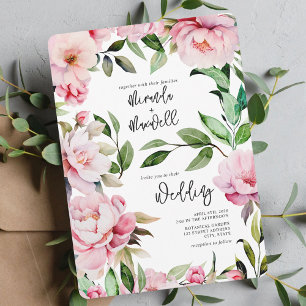 Convites Casamento Floral de Magnolia Peony Pink Watercolor