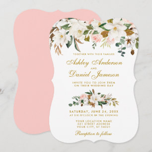 Convites Casamento Floral de Magnolia Rosa Rosa Dourado