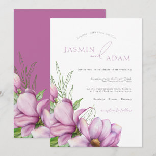 Convites Casamento Floral de Magnólia Roxa Elegante