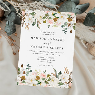 Convites Casamento Floral de Magnólias Brancas Elegantes e 